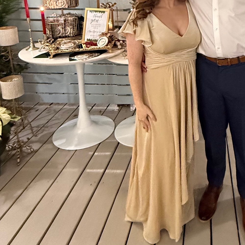 Azazie Gold Ruffle Sleeve Gown
